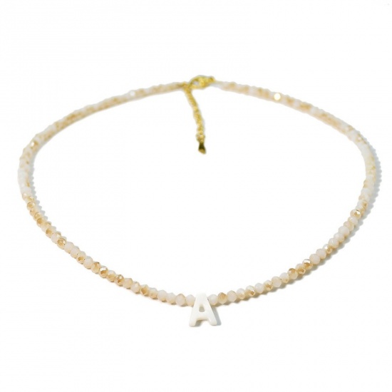 Picture of Wholesale Capital Alphabet Initial Letter Message " A-Z " Creamy-White Natural Shell Beaded Pendant Charm Necklace, 18K Gold Plated 304 Stainless Steel & Quartz Crystal, Women's Eco-friendly Exquisite Dainty Gift Jewelry For Retailer 38cm(15") + 5cm(2") long