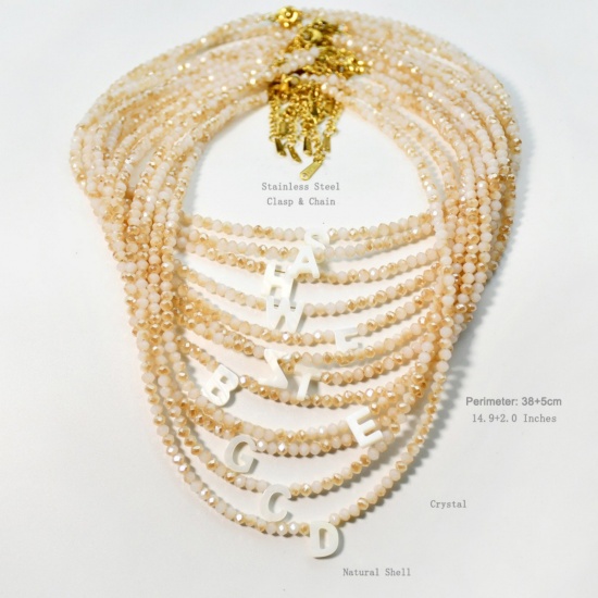 Picture of Wholesale Capital Alphabet Initial Letter Message " A-Z " Creamy-White Natural Shell Beaded Pendant Charm Necklace, 18K Gold Plated 304 Stainless Steel & Quartz Crystal, Women's Eco-friendly Exquisite Dainty Gift Jewelry For Retailer 38cm(15") + 5cm(2") long