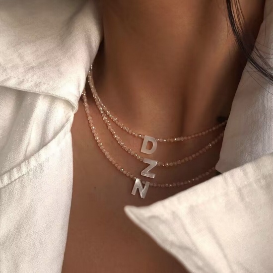 Picture of Wholesale Capital Alphabet Initial Letter Message " A-Z " Creamy-White Natural Shell Beaded Pendant Charm Necklace, 18K Gold Plated 304 Stainless Steel & Quartz Crystal, Women's Eco-friendly Exquisite Dainty Gift Jewelry For Retailer 38cm(15") + 5cm(2") long