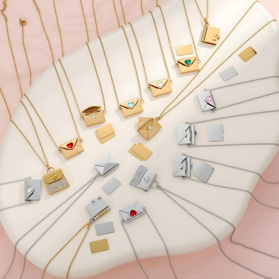 Picture of Wholesale Envelope Heart Customize Engraving Supported Pendant Charm Necklace, Multicolor 304 Stainless Steel Link Cable Chain, Women's Eco-friendly PVD Creative Stylish Valentine's Day Jewelry For Retailer, 1 Piece