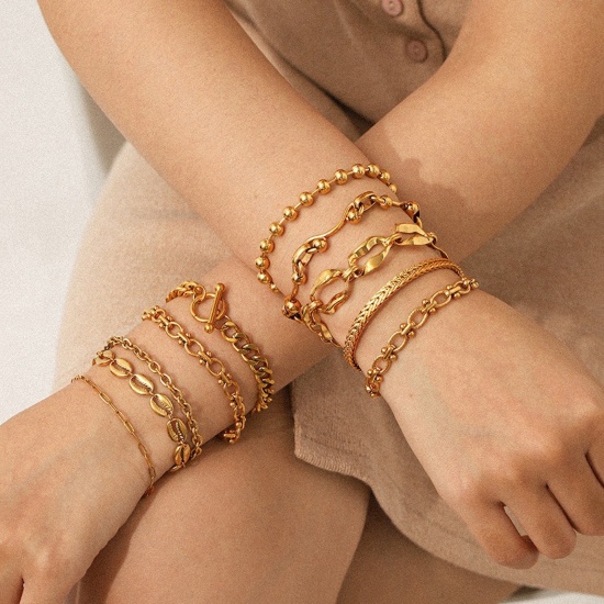 Immagine di All'Ingrosso 304 Acciaio Inossidabile Catena a Maglia Cubana Braccialetti, Placcato Oro 18K Placcatura Sottovuoto PVD Ecologica, Donne Stile Ins Retrò Regalo Fornitura di Gioielli 1 Pz
