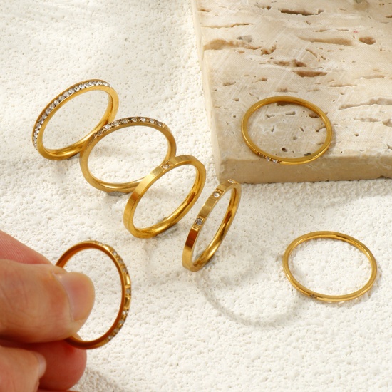 Picture of Wholesale Women's Gift Clear Rhinestone Unadjustable Rings, 18K Gold Plated 201 Stainless Steel, Vacuum Plating Exquisite Minimalist Jewelry Supply