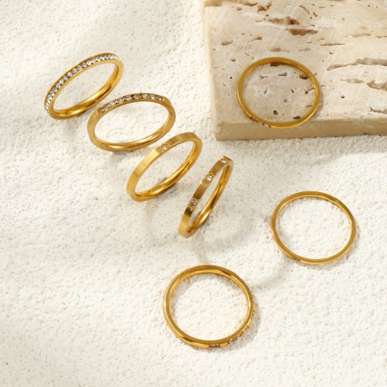 Picture of Wholesale Women's Gift Clear Rhinestone Unadjustable Rings, 18K Gold Plated 201 Stainless Steel, Vacuum Plating Exquisite Minimalist Jewelry Supply