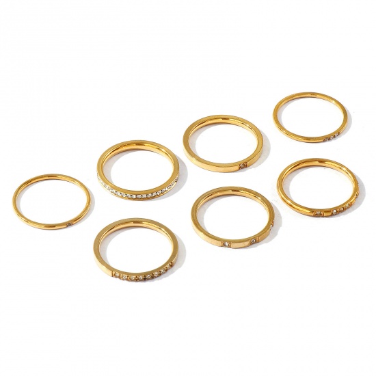 Picture of Wholesale Women's Gift Clear Rhinestone Unadjustable Rings, 18K Gold Plated 201 Stainless Steel, Vacuum Plating Exquisite Minimalist Jewelry Supply