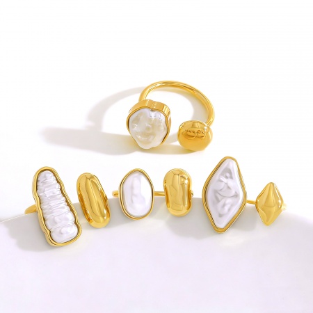 Picture of Wholesale Women's Gift White Acrylic Imitation Pearl Open Rings, 18K Gold Plated 304 Stainless Steel, Eco-friendly PVD Vacuum Plating Stylish Dainty Jewelry Supply