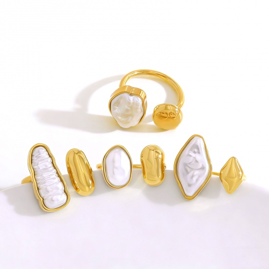 Picture of Wholesale Women's Gift White Acrylic Imitation Pearl Open Rings, 18K Gold Plated 304 Stainless Steel, Eco-friendly PVD Vacuum Plating Stylish Dainty Jewelry Supply
