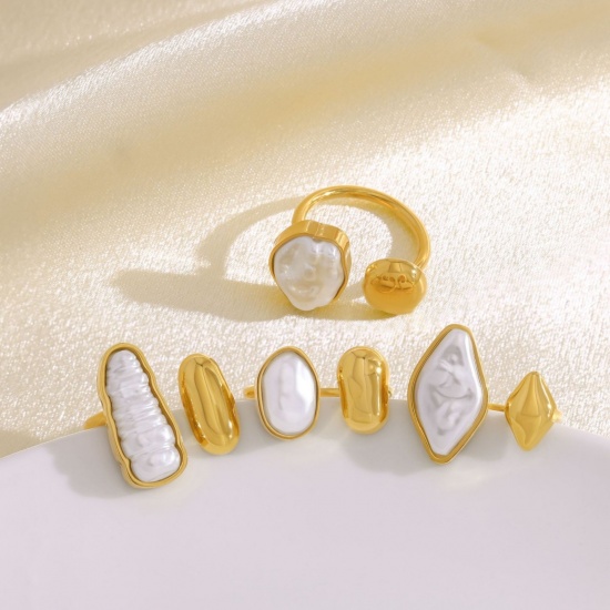Picture of Wholesale Women's Gift White Acrylic Imitation Pearl Open Rings, 18K Gold Plated 304 Stainless Steel, Eco-friendly PVD Vacuum Plating Stylish Dainty Jewelry Supply