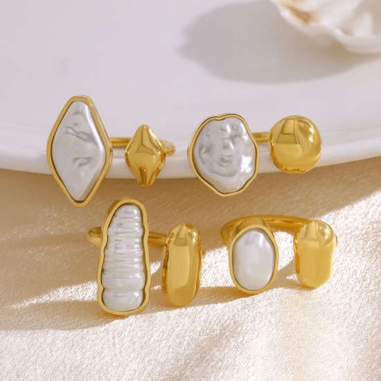 Picture of Wholesale Women's Gift White Acrylic Imitation Pearl Open Rings, 18K Gold Plated 304 Stainless Steel, Eco-friendly PVD Vacuum Plating Stylish Dainty Jewelry Supply