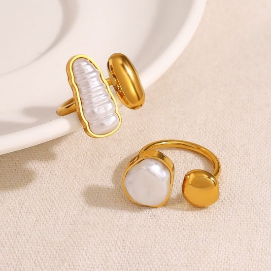 Picture of Wholesale Women's Gift White Acrylic Imitation Pearl Open Rings, 18K Gold Plated 304 Stainless Steel, Eco-friendly PVD Vacuum Plating Stylish Dainty Jewelry Supply
