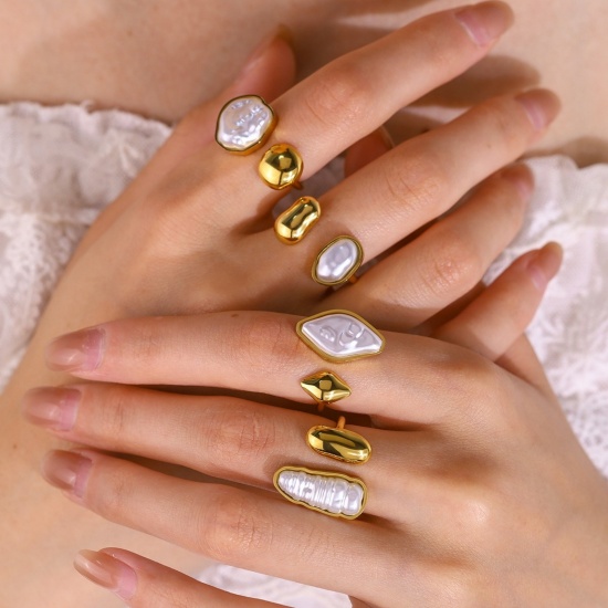 Picture of Wholesale Women's Gift White Acrylic Imitation Pearl Open Rings, 18K Gold Plated 304 Stainless Steel, Eco-friendly PVD Vacuum Plating Stylish Dainty Jewelry Supply