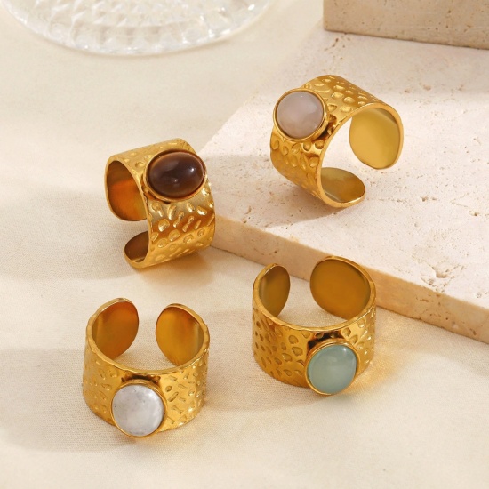 Picture of Wholesale Women's Gift Imitation Gemstones Open Adjustable Rings, 18K Gold Plated 304 Stainless Steel, Vacuum Plating Stylish Retro Jewelry Supply 18mm(US Size 7.75)