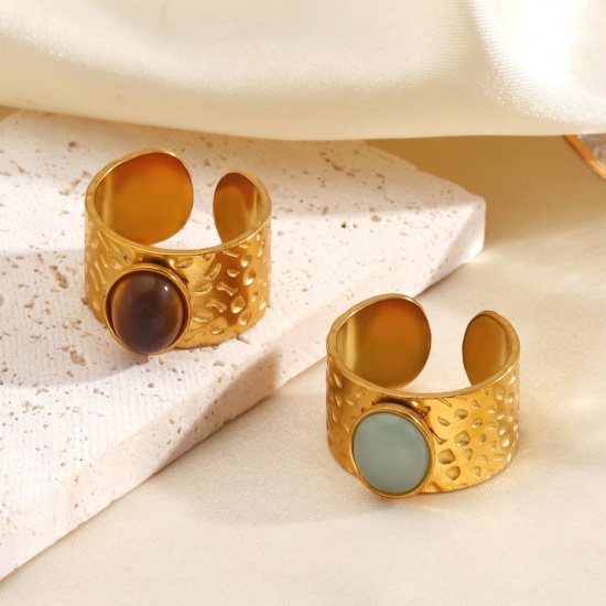 Picture of Wholesale Women's Gift Imitation Gemstones Open Adjustable Rings, 18K Gold Plated 304 Stainless Steel, Vacuum Plating Stylish Retro Jewelry Supply 18mm(US Size 7.75)