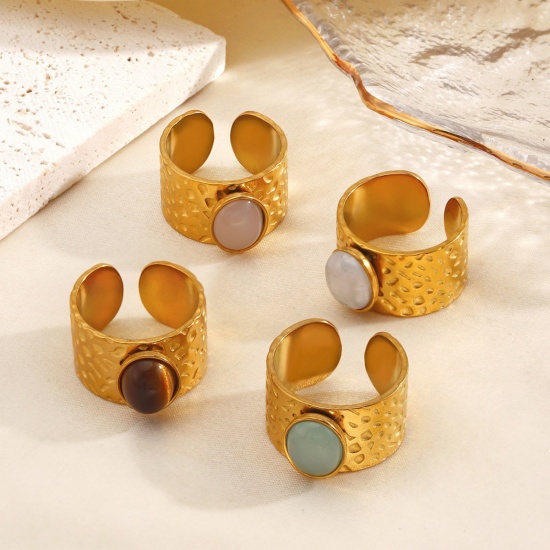 Picture of Wholesale Women's Gift Imitation Gemstones Open Adjustable Rings, 18K Gold Plated 304 Stainless Steel, Vacuum Plating Stylish Retro Jewelry Supply 18mm(US Size 7.75)