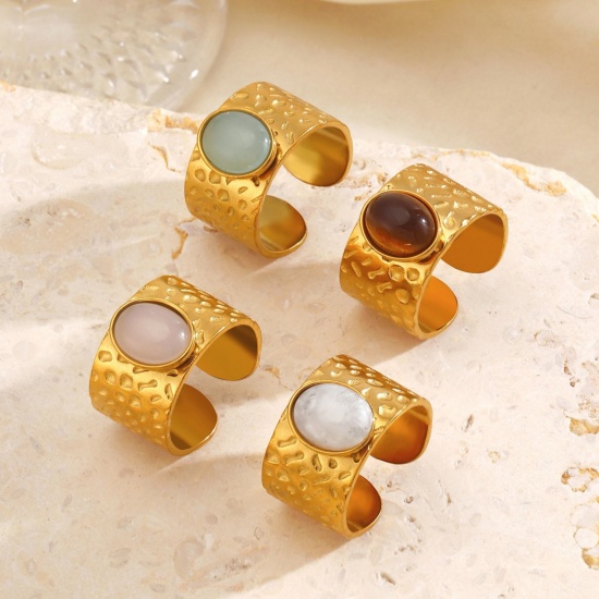 Picture of Wholesale Women's Gift Imitation Gemstones Open Adjustable Rings, 18K Gold Plated 304 Stainless Steel, Vacuum Plating Stylish Retro Jewelry Supply 18mm(US Size 7.75)