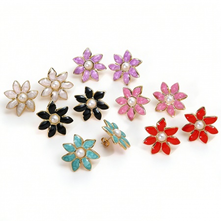 Immagine di All'Ingrosso Imitata Perla Elegante Orecchini a Perno, Fiore Multicolore Smalto Placcato Oro 18K 304 Acciaio Inossidabile, Donne Placcatura Sottovuoto PVD Ecologica Regalo Fornitura di Gioielli 25mm Dia., 1 Paio