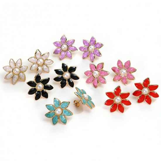 Picture of Wholesale Imitation Pearl Stylish Ear Post Stud Earrings, Flower Multicolor Enamel 18K Gold Plated 304 Stainless Steel, Women's Eco-friendly PVD Vacuum Plating Gift Jewelry Supply 25mm Dia.