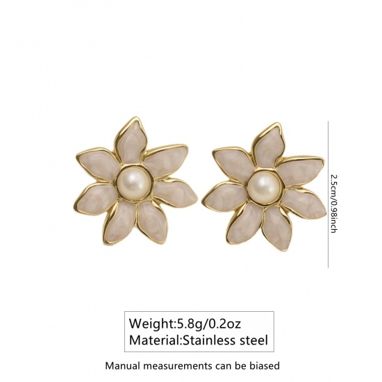 Picture of Wholesale Imitation Pearl Stylish Ear Post Stud Earrings, Flower Multicolor Enamel 18K Gold Plated 304 Stainless Steel, Women's Eco-friendly PVD Vacuum Plating Gift Jewelry Supply 25mm Dia.