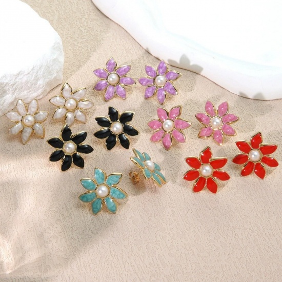 Picture of Wholesale Imitation Pearl Stylish Ear Post Stud Earrings, Flower Multicolor Enamel 18K Gold Plated 304 Stainless Steel, Women's Eco-friendly PVD Vacuum Plating Gift Jewelry Supply 25mm Dia.