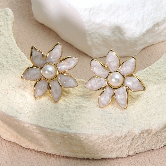 Picture of Wholesale Imitation Pearl Stylish Ear Post Stud Earrings, Flower Multicolor Enamel 18K Gold Plated 304 Stainless Steel, Women's Eco-friendly PVD Vacuum Plating Gift Jewelry Supply 25mm Dia.