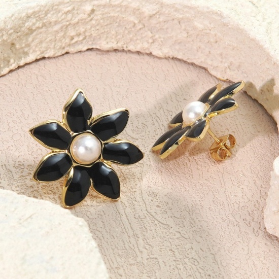 Picture of Wholesale Imitation Pearl Stylish Ear Post Stud Earrings, Flower Multicolor Enamel 18K Gold Plated 304 Stainless Steel, Women's Eco-friendly PVD Vacuum Plating Gift Jewelry Supply 25mm Dia.