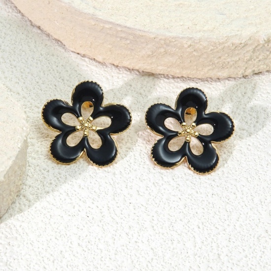 Picture of Wholesale Flora Collection Stylish Ear Post Stud Earrings, Flower Multicolor Enamel 18K Gold Plated 304 Stainless Steel, Women's Eco-friendly PVD Vacuum Plating Gift Jewelry Supply 25mm Dia.