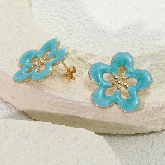 Picture of Wholesale Flora Collection Stylish Ear Post Stud Earrings, Flower Multicolor Enamel 18K Gold Plated 304 Stainless Steel, Women's Eco-friendly PVD Vacuum Plating Gift Jewelry Supply 25mm Dia.