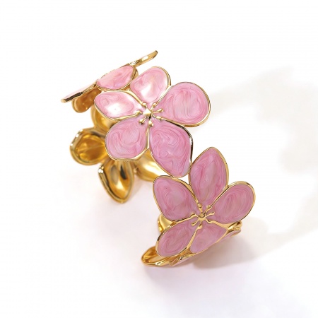 Picture of Wholesale Flower Multicolor Enamel 304 Stainless Steel Open Cuff Bangles Bracelets, 18K Gold Plated Eco-friendly PVD Vacuum Plating, Women's Flora Collection Dainty Gift Jewelry Supply, 5cm Dia.