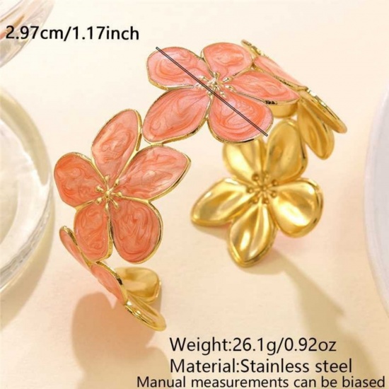 Picture of Wholesale Flower Multicolor Enamel 304 Stainless Steel Open Cuff Bangles Bracelets, 18K Gold Plated Eco-friendly PVD Vacuum Plating, Women's Flora Collection Dainty Gift Jewelry Supply, 5cm Dia.