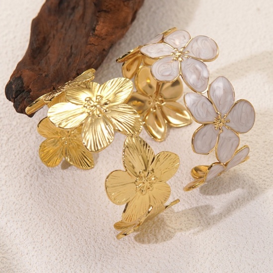 Picture of Wholesale Flower Multicolor Enamel 304 Stainless Steel Open Cuff Bangles Bracelets, 18K Gold Plated Eco-friendly PVD Vacuum Plating, Women's Flora Collection Dainty Gift Jewelry Supply, 5cm Dia.