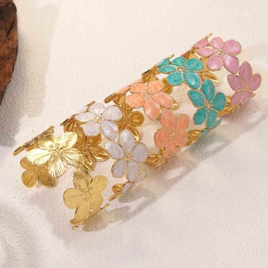 Picture of Wholesale Flower Multicolor Enamel 304 Stainless Steel Open Cuff Bangles Bracelets, 18K Gold Plated Eco-friendly PVD Vacuum Plating, Women's Flora Collection Dainty Gift Jewelry Supply, 5cm Dia.