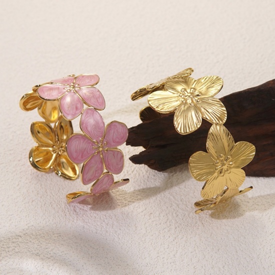 Picture of Wholesale Flower Multicolor Enamel 304 Stainless Steel Open Cuff Bangles Bracelets, 18K Gold Plated Eco-friendly PVD Vacuum Plating, Women's Flora Collection Dainty Gift Jewelry Supply, 5cm Dia.