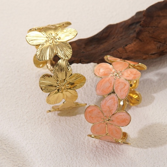Picture of Wholesale Flower Multicolor Enamel 304 Stainless Steel Open Cuff Bangles Bracelets, 18K Gold Plated Eco-friendly PVD Vacuum Plating, Women's Flora Collection Dainty Gift Jewelry Supply, 5cm Dia.