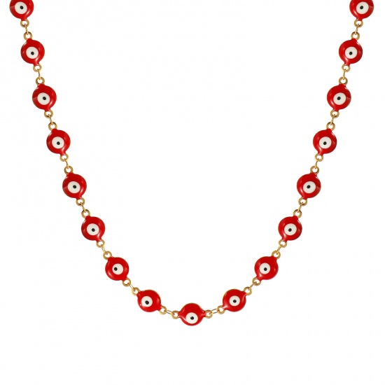 Bild von Großhandel Böser Blick Evil Eye Doppelseitige Emaille Handgefertigte Gliederkette Halskette, 18K Echtgold plattiert 304 Edelstahl, Frauen Umweltfreundliche PVD-Vakuumbeschichtung, wasserdicht, anlaufgeschützt und hypoallergen Religiös Retro Geschenk Schmuck für Einzelhändler, 40cm + 5cm lang, Kettengröße: 8 mm