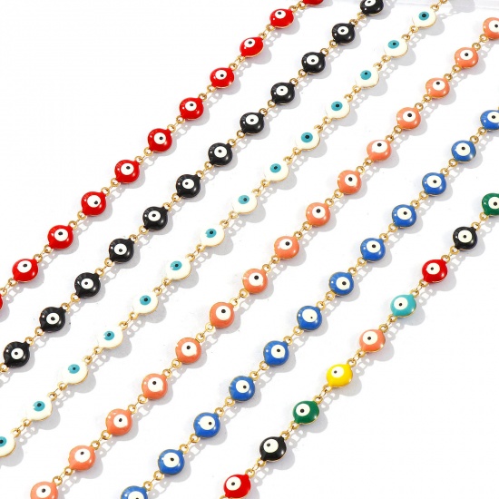 Bild von Großhandel Böser Blick Evil Eye Doppelseitige Emaille Handgefertigte Gliederkette Halskette, 18K Echtgold plattiert 304 Edelstahl, Frauen Umweltfreundliche PVD-Vakuumbeschichtung, wasserdicht, anlaufgeschützt und hypoallergen Religiös Retro Geschenk Schmuck für Einzelhändler, 40cm + 5cm lang, Kettengröße: 8 mm