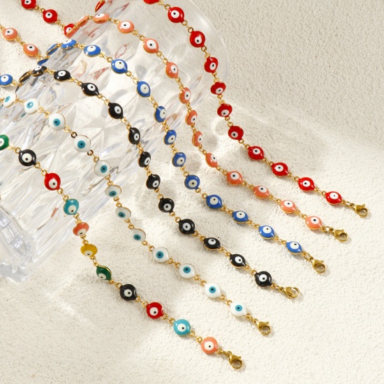 Bild von Großhandel Böser Blick Evil Eye Doppelseitige Emaille Handgefertigte Gliederkette Halskette, 18K Echtgold plattiert 304 Edelstahl, Frauen Umweltfreundliche PVD-Vakuumbeschichtung, wasserdicht, anlaufgeschützt und hypoallergen Religiös Retro Geschenk Schmuck für Einzelhändler, 40cm + 5cm lang, Kettengröße: 8 mm