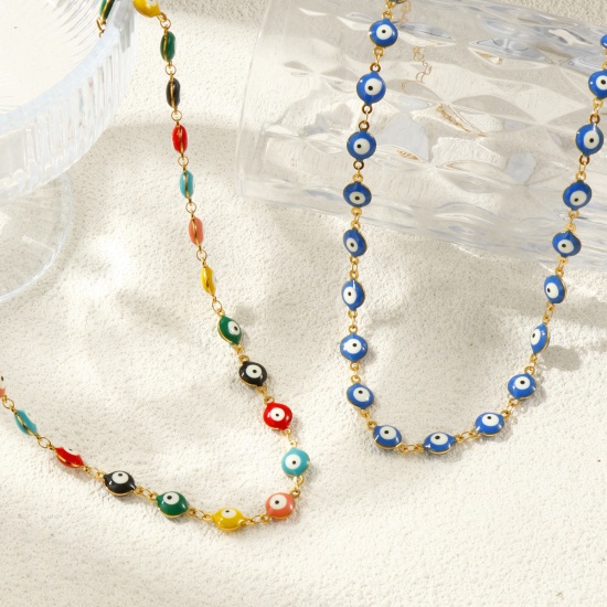 Bild von Großhandel Böser Blick Evil Eye Doppelseitige Emaille Handgefertigte Gliederkette Halskette, 18K Echtgold plattiert 304 Edelstahl, Frauen Umweltfreundliche PVD-Vakuumbeschichtung, wasserdicht, anlaufgeschützt und hypoallergen Religiös Retro Geschenk Schmuck für Einzelhändler, 40cm + 5cm lang, Kettengröße: 8 mm