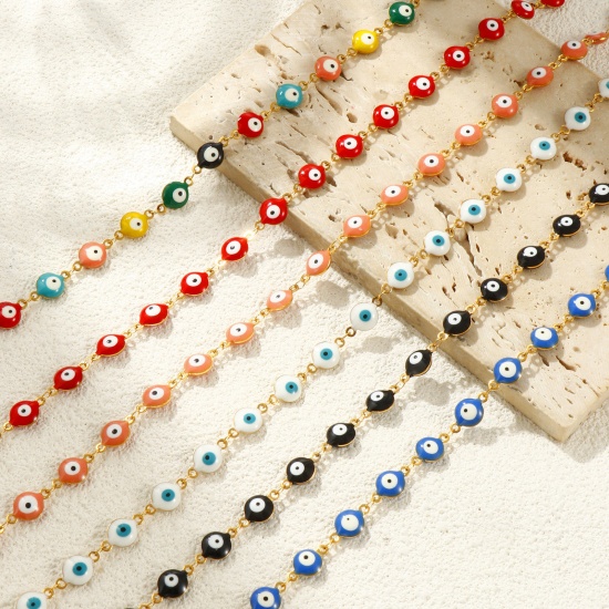 Bild von Großhandel Böser Blick Evil Eye Doppelseitige Emaille Handgefertigte Gliederkette Halskette, 18K Echtgold plattiert 304 Edelstahl, Frauen Umweltfreundliche PVD-Vakuumbeschichtung, wasserdicht, anlaufgeschützt und hypoallergen Religiös Retro Geschenk Schmuck für Einzelhändler, 40cm + 5cm lang, Kettengröße: 8 mm