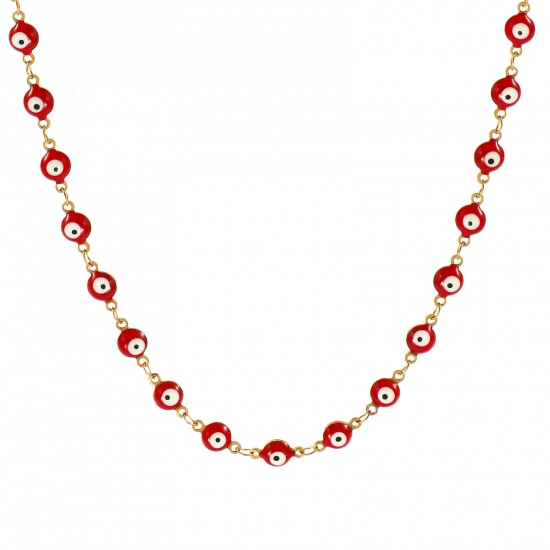 Bild von Großhandel Böser Blick Evil Eye Doppelseitige Emaille Handgefertigte Gliederkette Halskette, 18K Echtgold plattiert 304 Edelstahl, Frauen Umweltfreundliche PVD-Vakuumbeschichtung, wasserdicht, anlaufgeschützt und hypoallergen Religiös Retro Geschenk Schmuck für Einzelhändler, 40cm + 5cm lang, Kettengröße: 6 mm