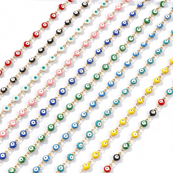 Bild von Großhandel Böser Blick Evil Eye Doppelseitige Emaille Handgefertigte Gliederkette Halskette, 18K Echtgold plattiert 304 Edelstahl, Frauen Umweltfreundliche PVD-Vakuumbeschichtung, wasserdicht, anlaufgeschützt und hypoallergen Religiös Retro Geschenk Schmuck für Einzelhändler, 40cm + 5cm lang, Kettengröße: 6 mm