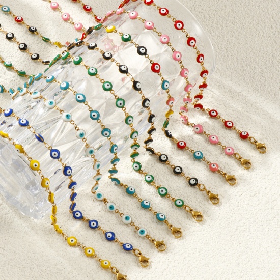 Bild von Großhandel Böser Blick Evil Eye Doppelseitige Emaille Handgefertigte Gliederkette Halskette, 18K Echtgold plattiert 304 Edelstahl, Frauen Umweltfreundliche PVD-Vakuumbeschichtung, wasserdicht, anlaufgeschützt und hypoallergen Religiös Retro Geschenk Schmuck für Einzelhändler, 40cm + 5cm lang, Kettengröße: 6 mm