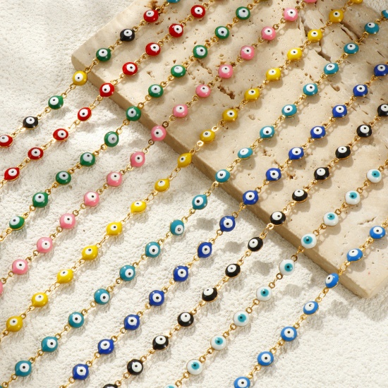 Bild von Großhandel Böser Blick Evil Eye Doppelseitige Emaille Handgefertigte Gliederkette Halskette, 18K Echtgold plattiert 304 Edelstahl, Frauen Umweltfreundliche PVD-Vakuumbeschichtung, wasserdicht, anlaufgeschützt und hypoallergen Religiös Retro Geschenk Schmuck für Einzelhändler, 40cm + 5cm lang, Kettengröße: 6 mm
