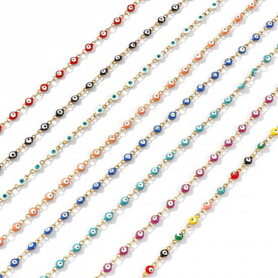 Bild von Großhandel Böser Blick Evil Eye Doppelseitige Emaille Handgefertigte Gliederkette Halskette, 18K Echtgold plattiert 304 Edelstahl, Frauen Umweltfreundliche PVD-Vakuumbeschichtung, wasserdicht, anlaufgeschützt und hypoallergen Religiös Retro Geschenk Schmuck für Einzelhändler, 40cm + 5cm lang, Kettengröße: 4 mm