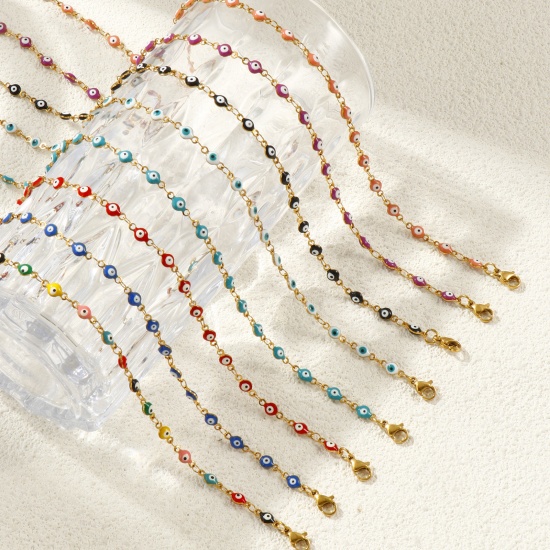 Bild von Großhandel Böser Blick Evil Eye Doppelseitige Emaille Handgefertigte Gliederkette Halskette, 18K Echtgold plattiert 304 Edelstahl, Frauen Umweltfreundliche PVD-Vakuumbeschichtung, wasserdicht, anlaufgeschützt und hypoallergen Religiös Retro Geschenk Schmuck für Einzelhändler, 40cm + 5cm lang, Kettengröße: 4 mm