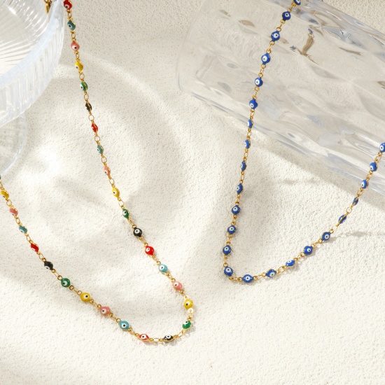 Bild von Großhandel Böser Blick Evil Eye Doppelseitige Emaille Handgefertigte Gliederkette Halskette, 18K Echtgold plattiert 304 Edelstahl, Frauen Umweltfreundliche PVD-Vakuumbeschichtung, wasserdicht, anlaufgeschützt und hypoallergen Religiös Retro Geschenk Schmuck für Einzelhändler, 40cm + 5cm lang, Kettengröße: 4 mm