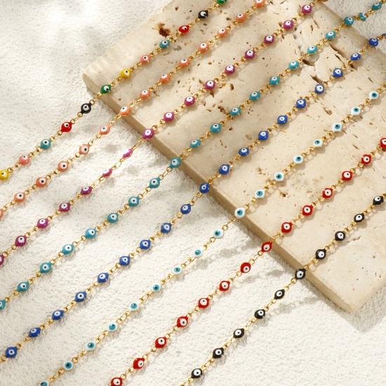 Bild von Großhandel Böser Blick Evil Eye Doppelseitige Emaille Handgefertigte Gliederkette Halskette, 18K Echtgold plattiert 304 Edelstahl, Frauen Umweltfreundliche PVD-Vakuumbeschichtung, wasserdicht, anlaufgeschützt und hypoallergen Religiös Retro Geschenk Schmuck für Einzelhändler, 40cm + 5cm lang, Kettengröße: 4 mm
