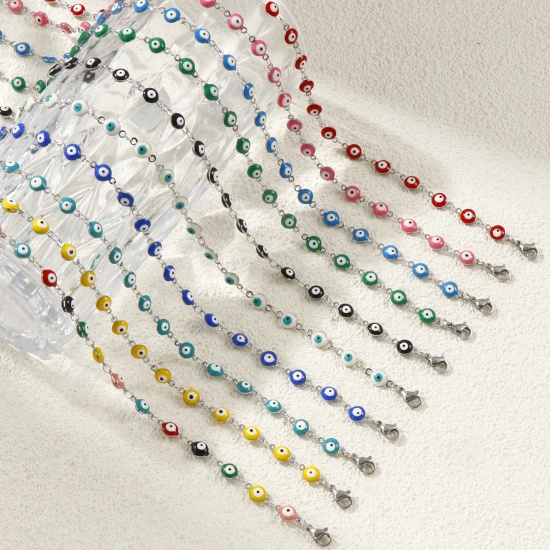 Immagine di Malocchio Smalto a Doppia Faccia Collana All'Ingrosso, Catena a Maglia Fatta a Mano Tono Argento 304 Acciaio Inossidabile, Donne Ecologico Religione Retrò Regalo Gioielli Per Rivenditore, 40cm + 5cm Lunghezza, Dimensione della Catena: 6mm, 1 Pz