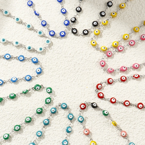 Immagine di Malocchio Smalto a Doppia Faccia Collana All'Ingrosso, Catena a Maglia Fatta a Mano Tono Argento 304 Acciaio Inossidabile, Donne Ecologico Religione Retrò Regalo Gioielli Per Rivenditore, 40cm + 5cm Lunghezza, Dimensione della Catena: 6mm, 1 Pz