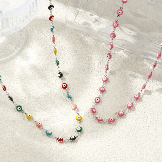 Immagine di Malocchio Smalto a Doppia Faccia Collana All'Ingrosso, Catena a Maglia Fatta a Mano Tono Argento 304 Acciaio Inossidabile, Donne Ecologico Religione Retrò Regalo Gioielli Per Rivenditore, 40cm + 5cm Lunghezza, Dimensione della Catena: 6mm, 1 Pz