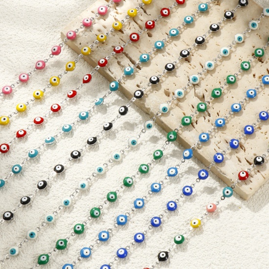 Immagine di Malocchio Smalto a Doppia Faccia Collana All'Ingrosso, Catena a Maglia Fatta a Mano Tono Argento 304 Acciaio Inossidabile, Donne Ecologico Religione Retrò Regalo Gioielli Per Rivenditore, 40cm + 5cm Lunghezza, Dimensione della Catena: 6mm, 1 Pz