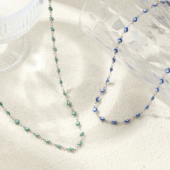 Immagine di Malocchio Smalto a Doppia Faccia Collana All'Ingrosso, Catena a Maglia Fatta a Mano Tono Argento 304 Acciaio Inossidabile, Donne Ecologico Religione Retrò Regalo Gioielli Per Rivenditore, 40cm + 5cm Lunghezza, Dimensione della Catena: 4mm, 1 Pz